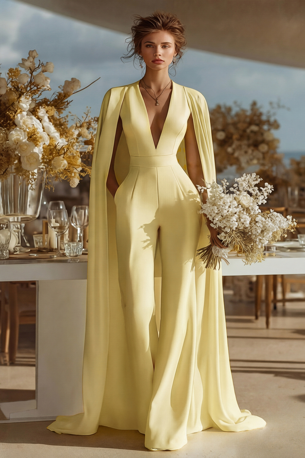 Ivory Satin Deep V-Neck Bridal Jumpsuits with Cape