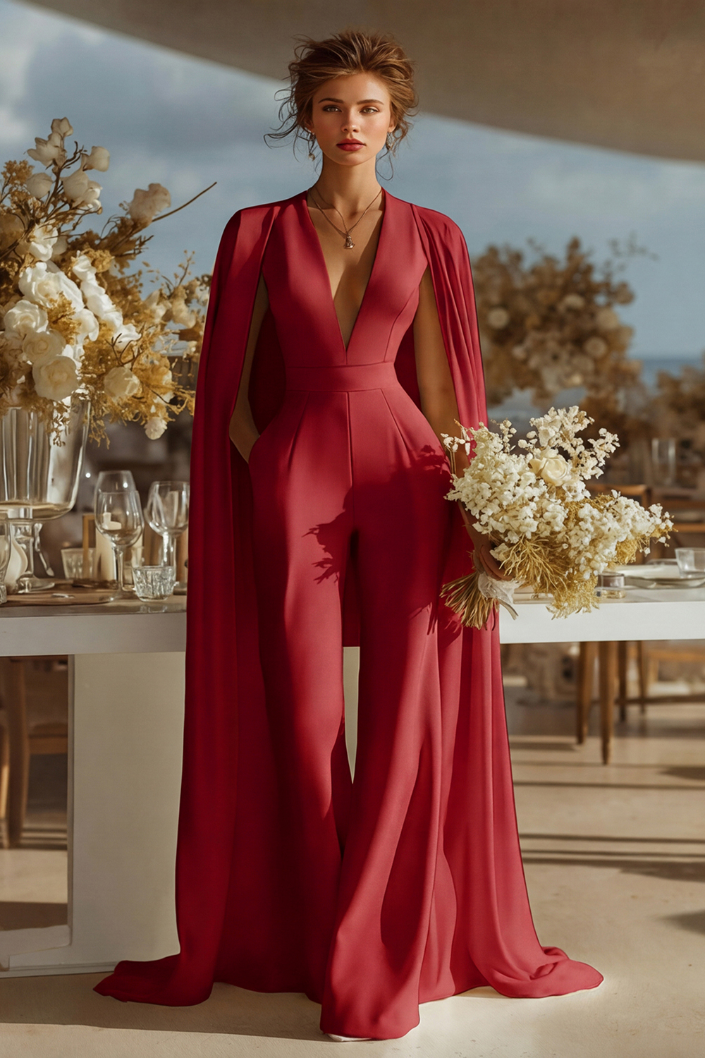 Ivory Satin Deep V-Neck Bridal Jumpsuits with Cape