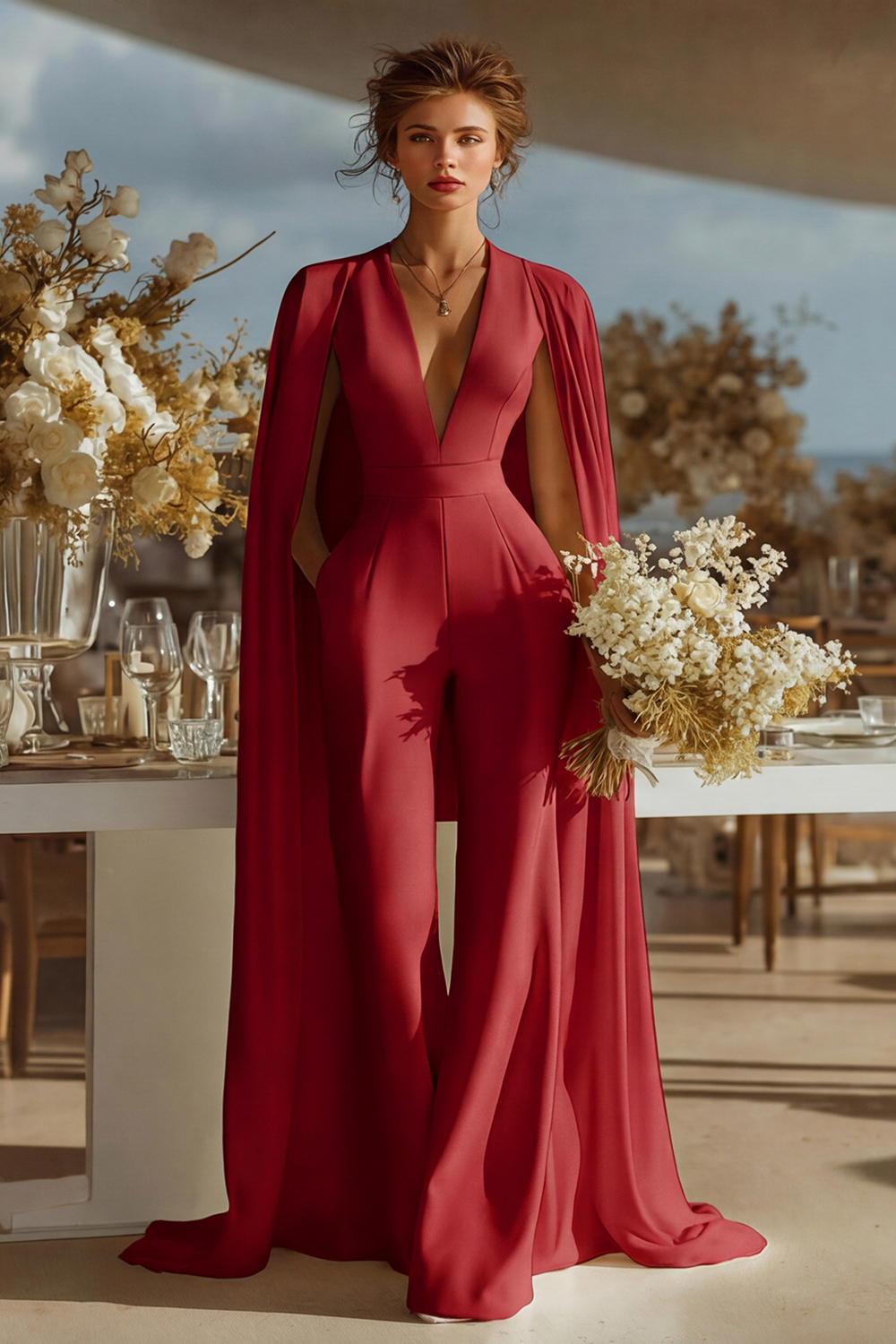 Ivory Satin Deep V-Neck Bridal Jumpsuits with Cape