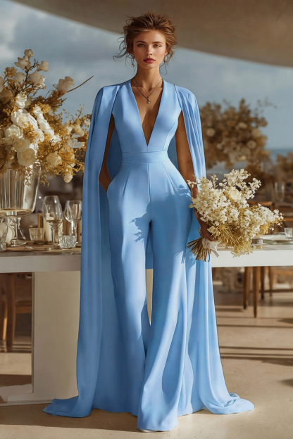 Ivory Satin Deep V-Neck Bridal Jumpsuits with Cape