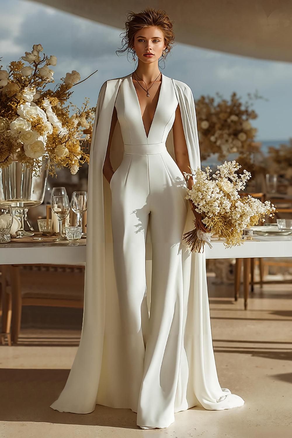 Ivory Satin Deep V-Neck Bridal Jumpsuits with Cape