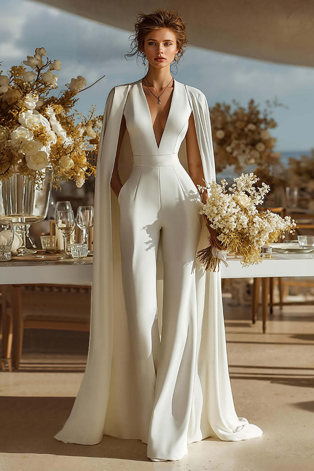 Ivory Satin Deep V-Neck Bridal Jumpsuits with Cape