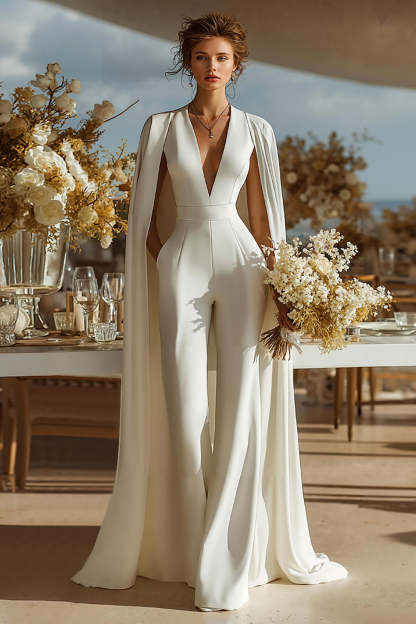 Ivory Satin Deep V-Neck Bridal Jumpsuits with Cape