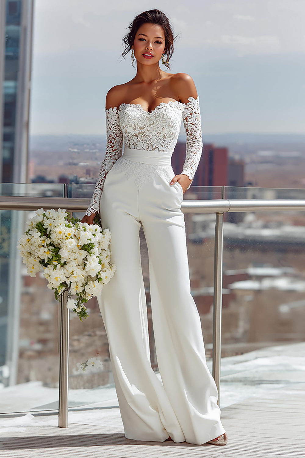 Leely Women White Satin Bridal Jumpsuits with Lace Sweetheart Long Sleeves Wedding Jumpsuits