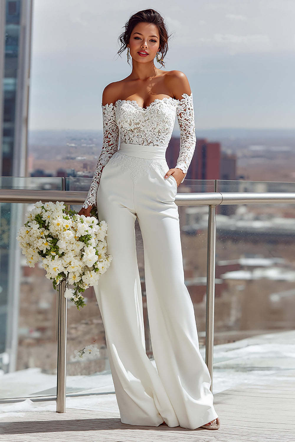Leely Women White Satin Bridal Jumpsuits with Lace Sweetheart Long Sleeves Wedding Jumpsuits