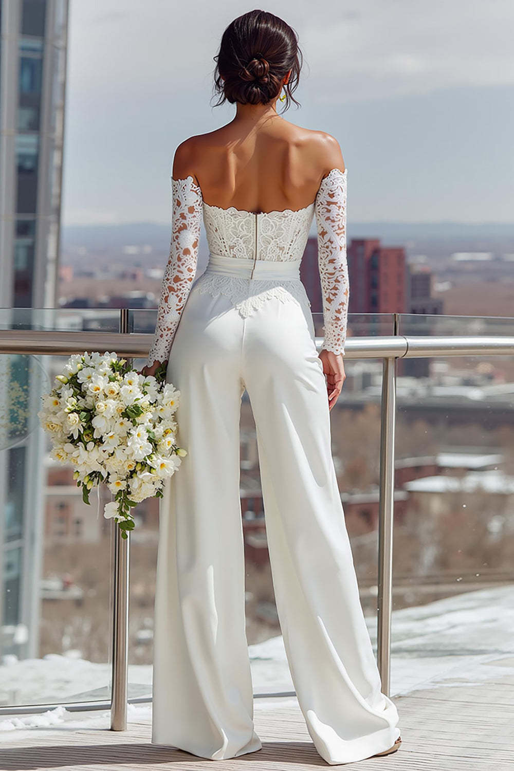 White Sweetheart Satin Bridal Jumpsuits with Lace