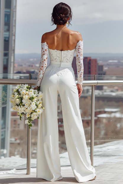 White Sweetheart Satin Bridal Jumpsuits with Lace