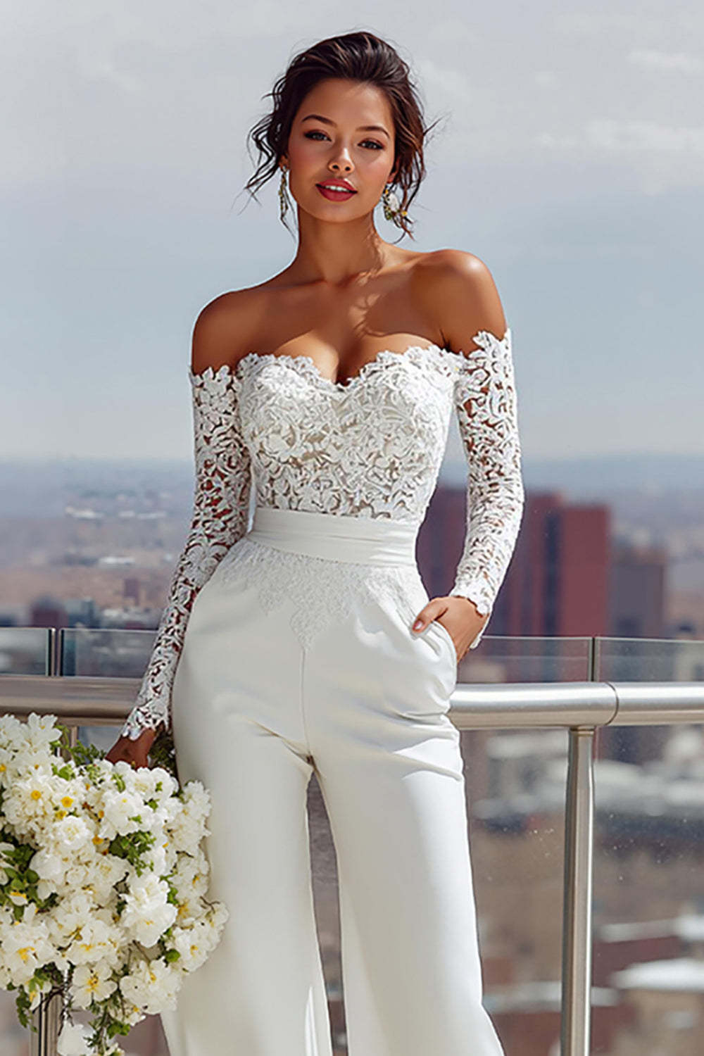 White Sweetheart Satin Bridal Jumpsuits with Lace