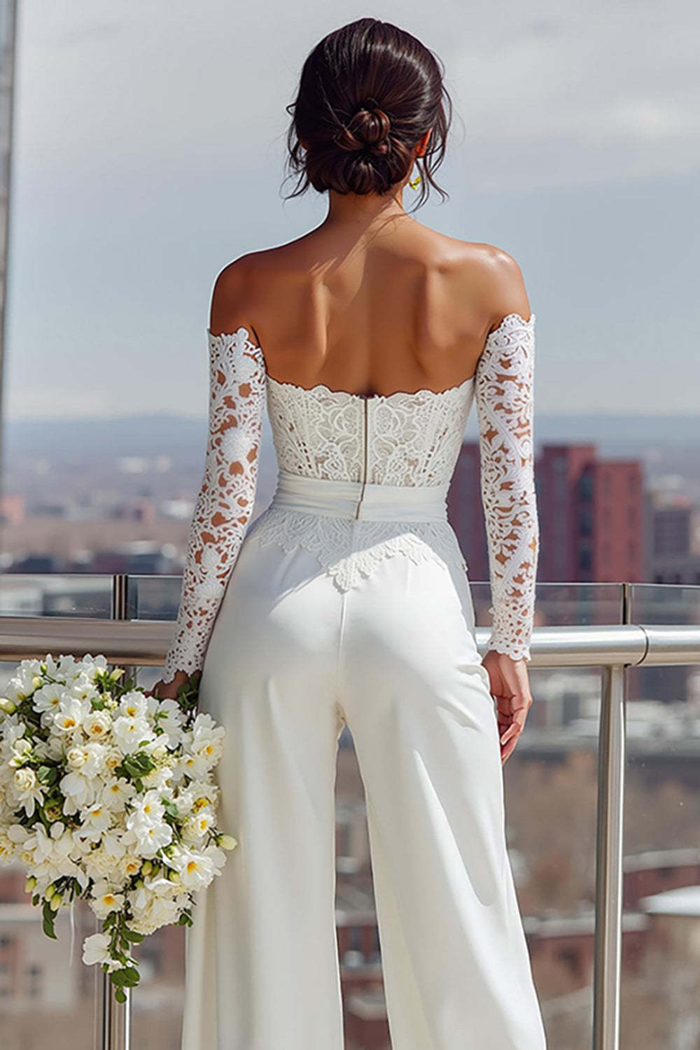 White Sweetheart Satin Bridal Jumpsuits with Lace