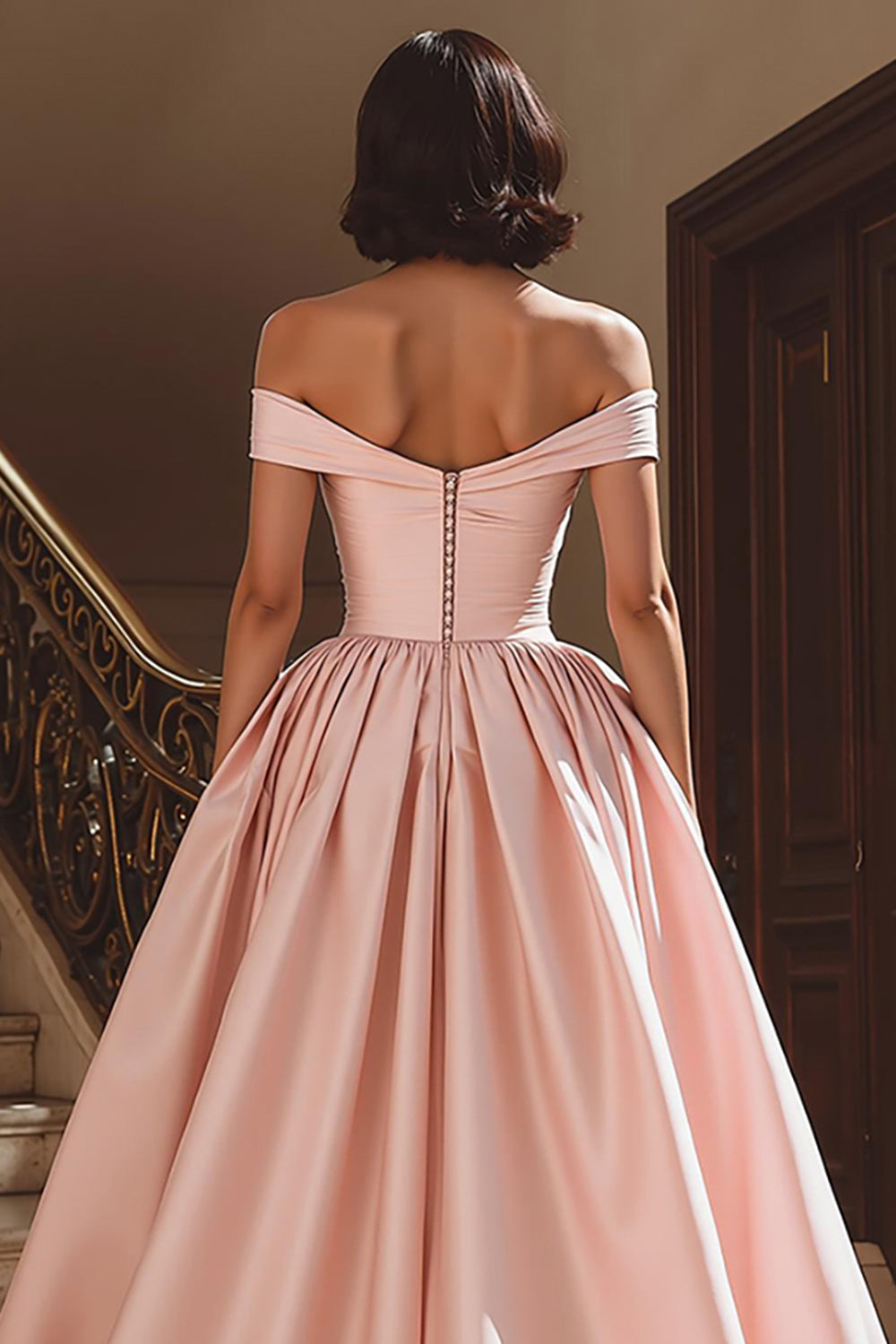 White A Line Satin Off the Shoulder Sweep Train Wedding Dress with Slit