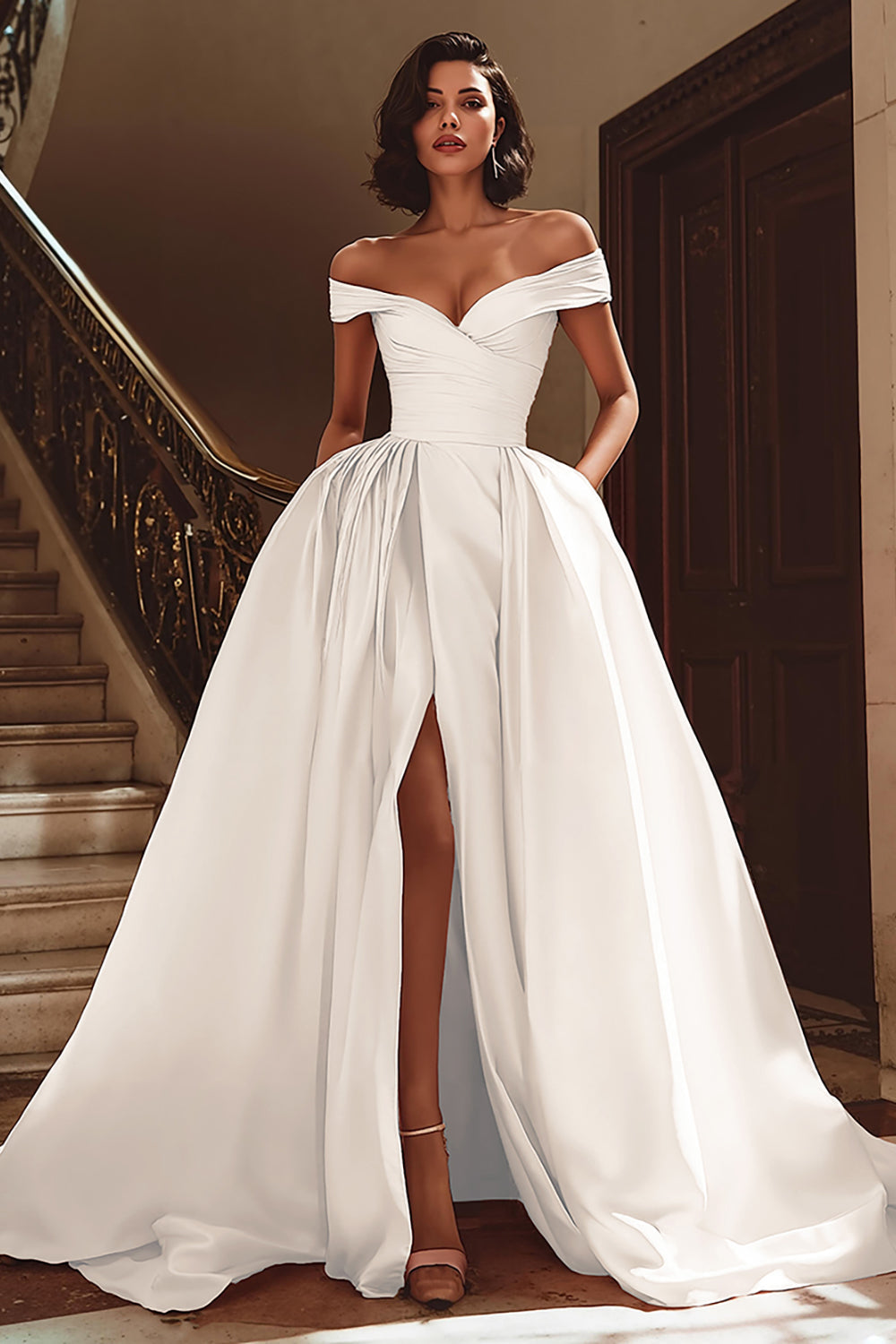 Leely Women White Sweep Train Satin Wedding Dress with Slit Off the Shoulder A Line Bridal Dress