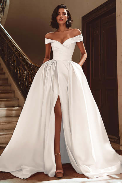 Leely Women White Sweep Train Satin Wedding Dress with Slit Off the Shoulder A Line Bridal Dress