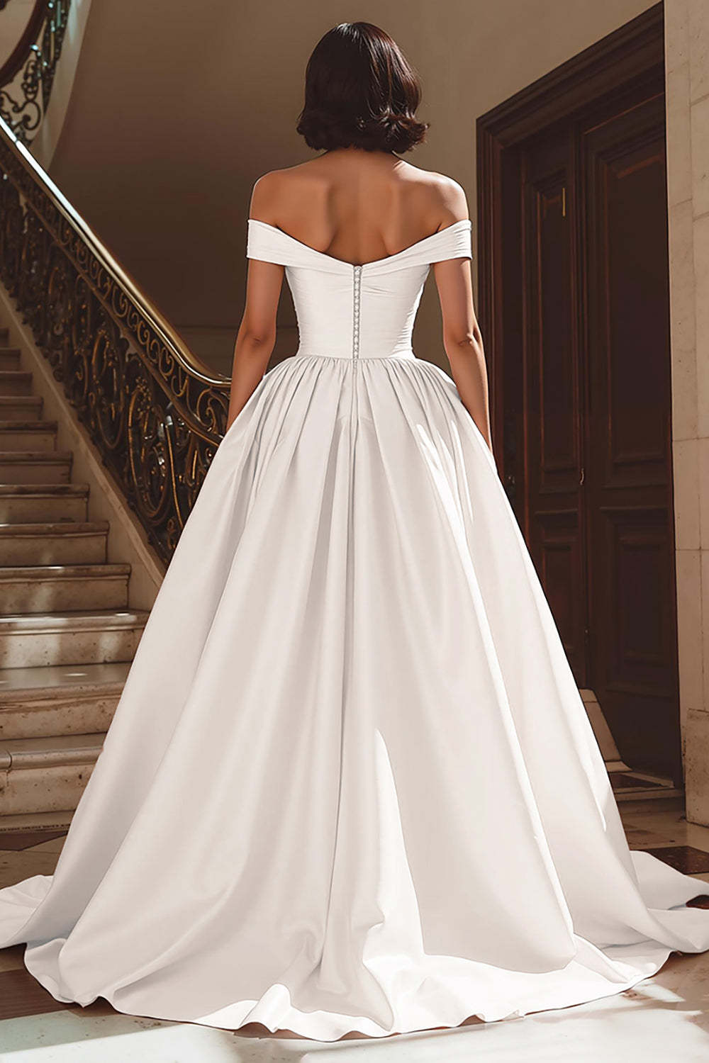 White A Line Satin Off the Shoulder Sweep Train Wedding Dress with Slit