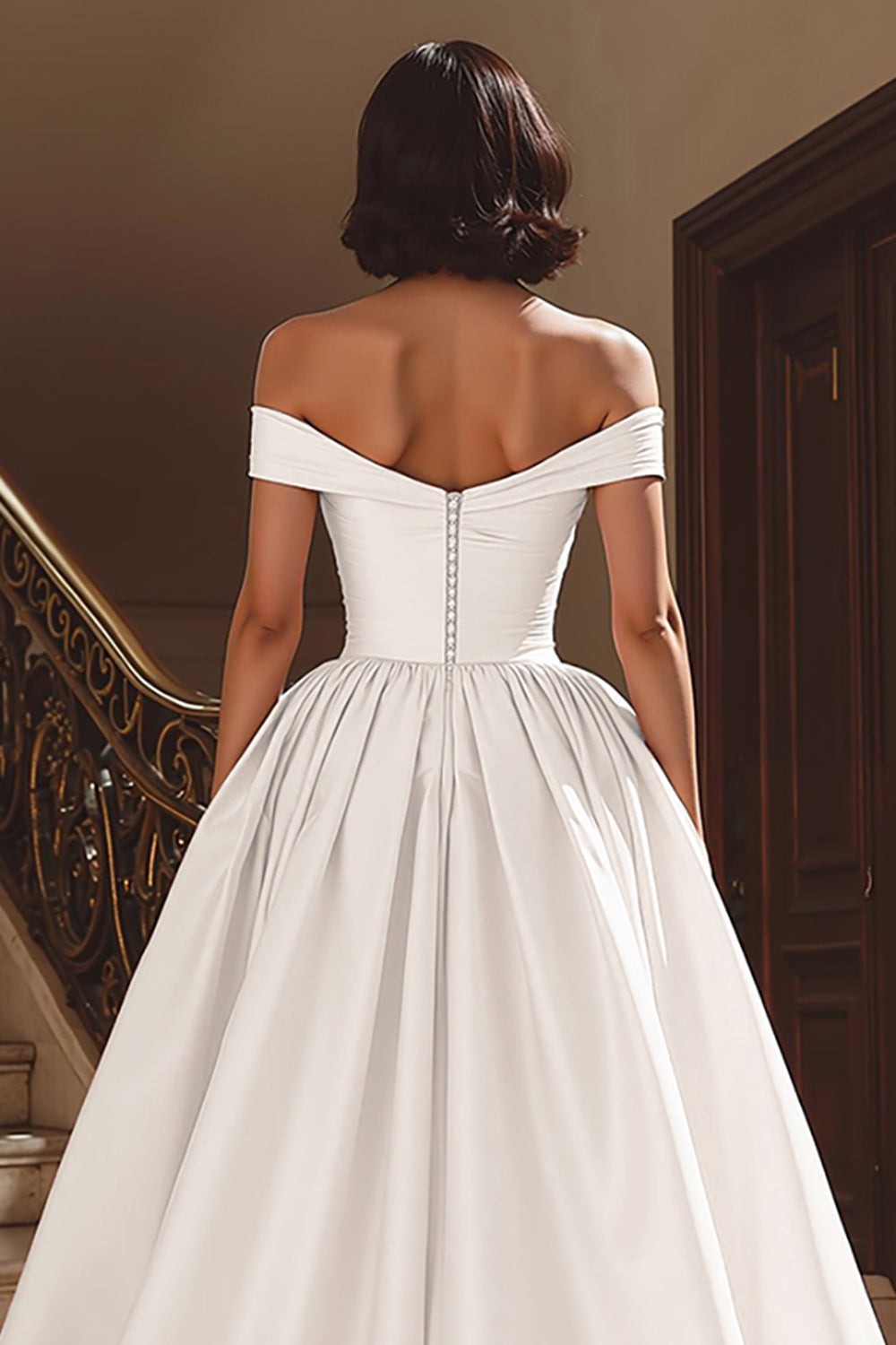 White A Line Satin Off the Shoulder Sweep Train Wedding Dress with Slit