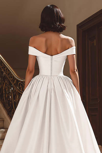 White A Line Satin Off the Shoulder Sweep Train Wedding Dress with Slit