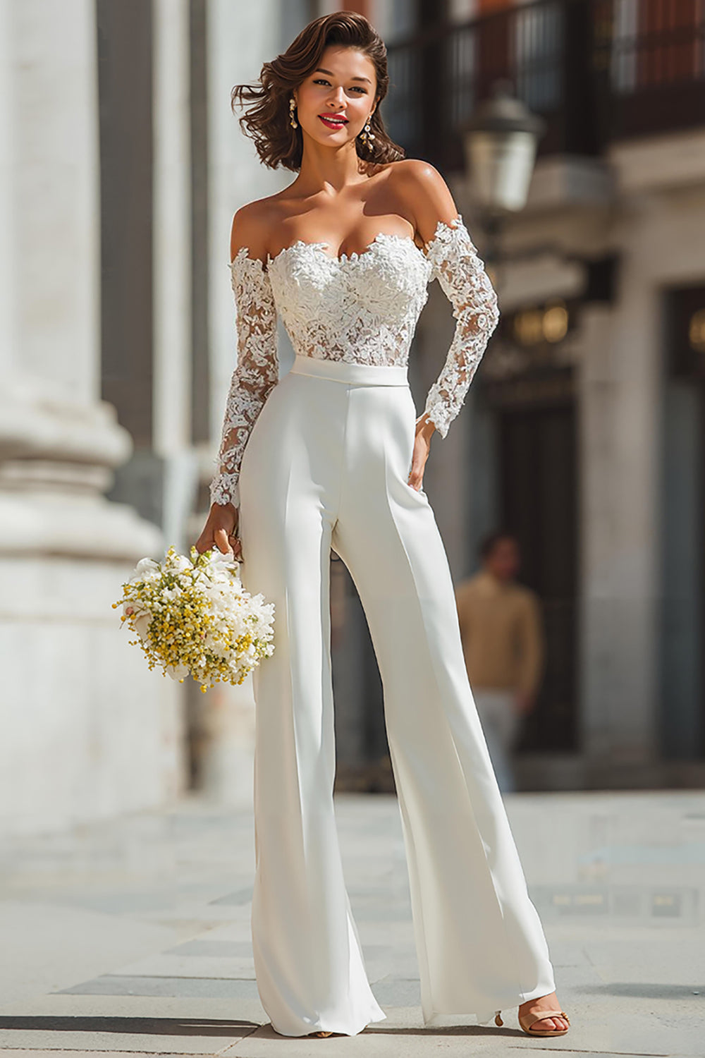 Leely Women White Appliqued Bridal Jumpsuits with Sleeves Sweetheart Wide Leg Wedding Jumpsuits
