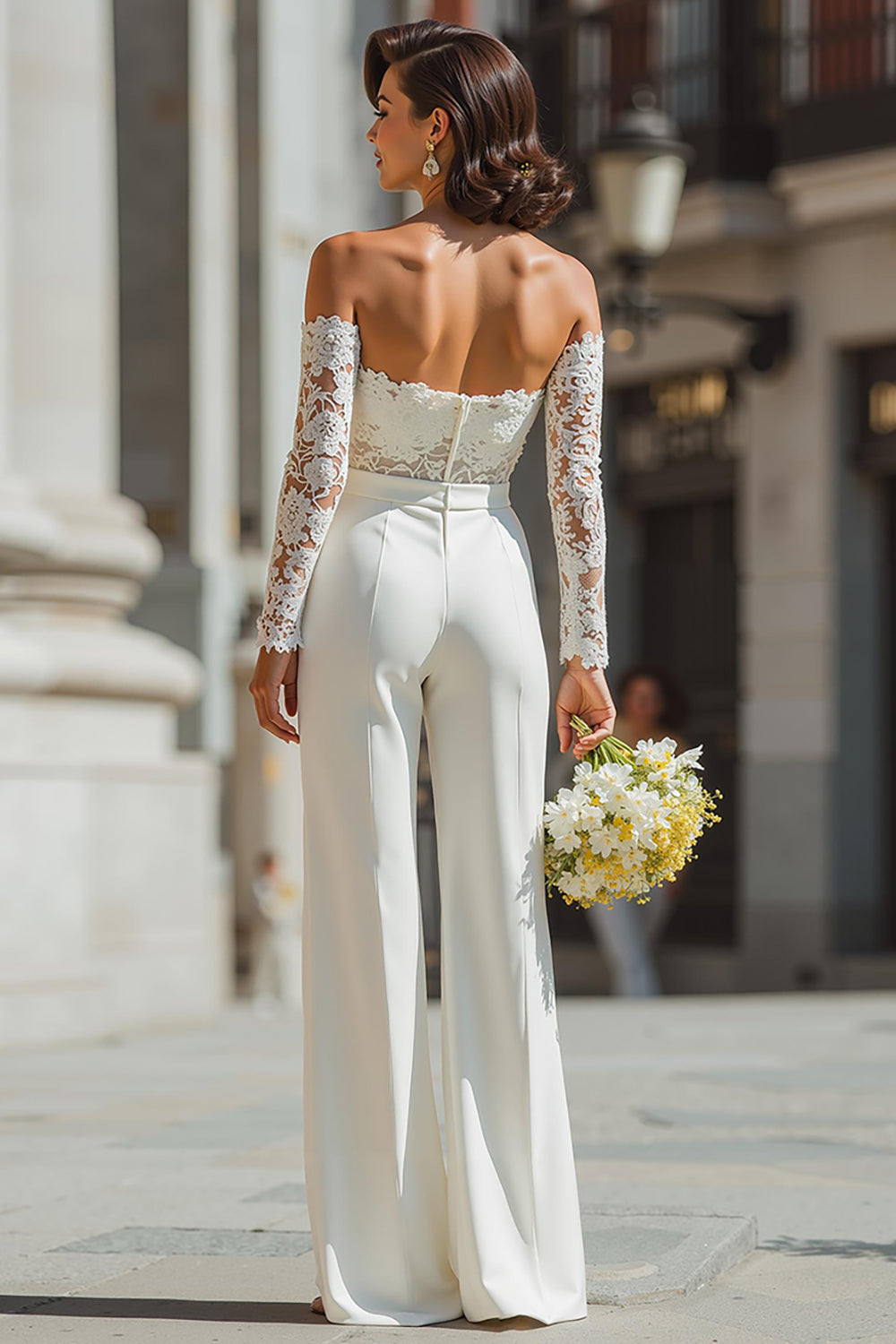 White Sweetheart Appliqued Bridal Jumpsuits with Sleeves