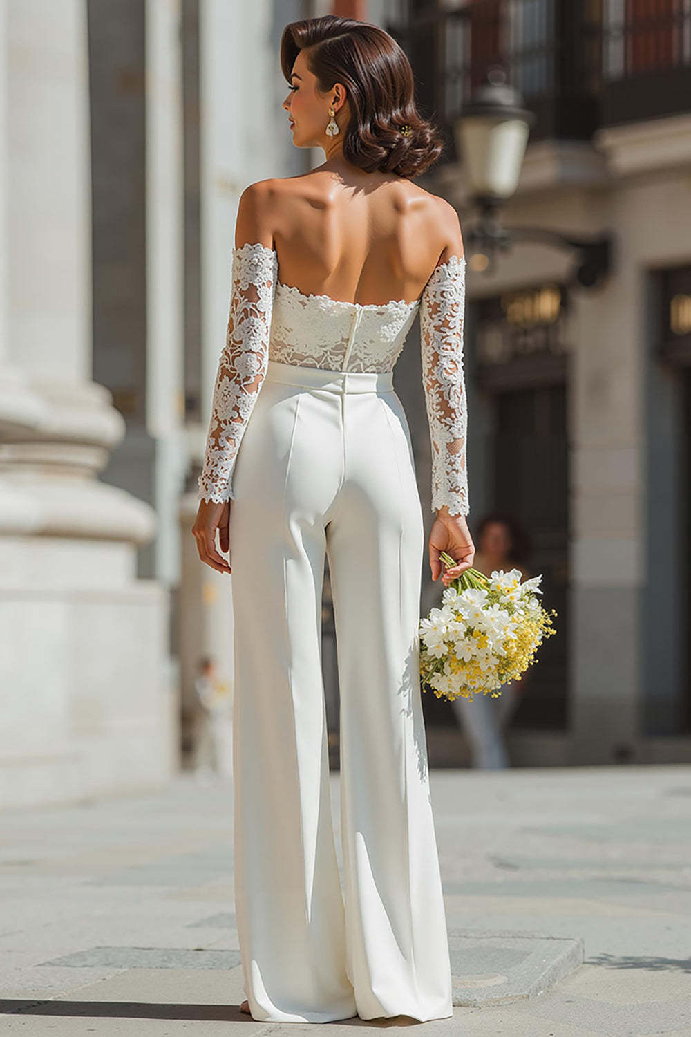 White Sweetheart Appliqued Bridal Jumpsuits with Sleeves