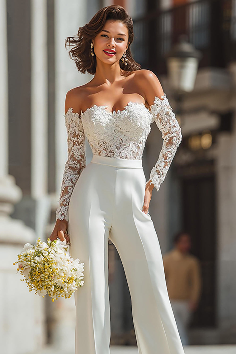 White Sweetheart Appliqued Bridal Jumpsuits with Sleeves