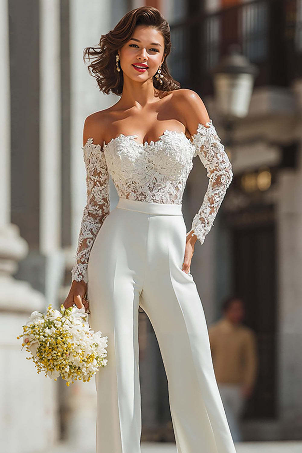 White Sweetheart Appliqued Bridal Jumpsuits with Sleeves