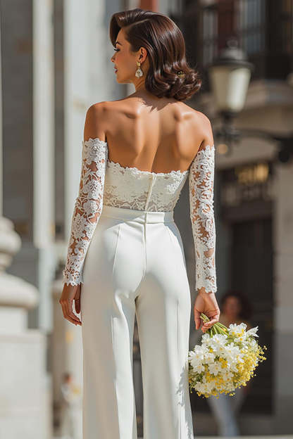 White Sweetheart Appliqued Bridal Jumpsuits with Sleeves