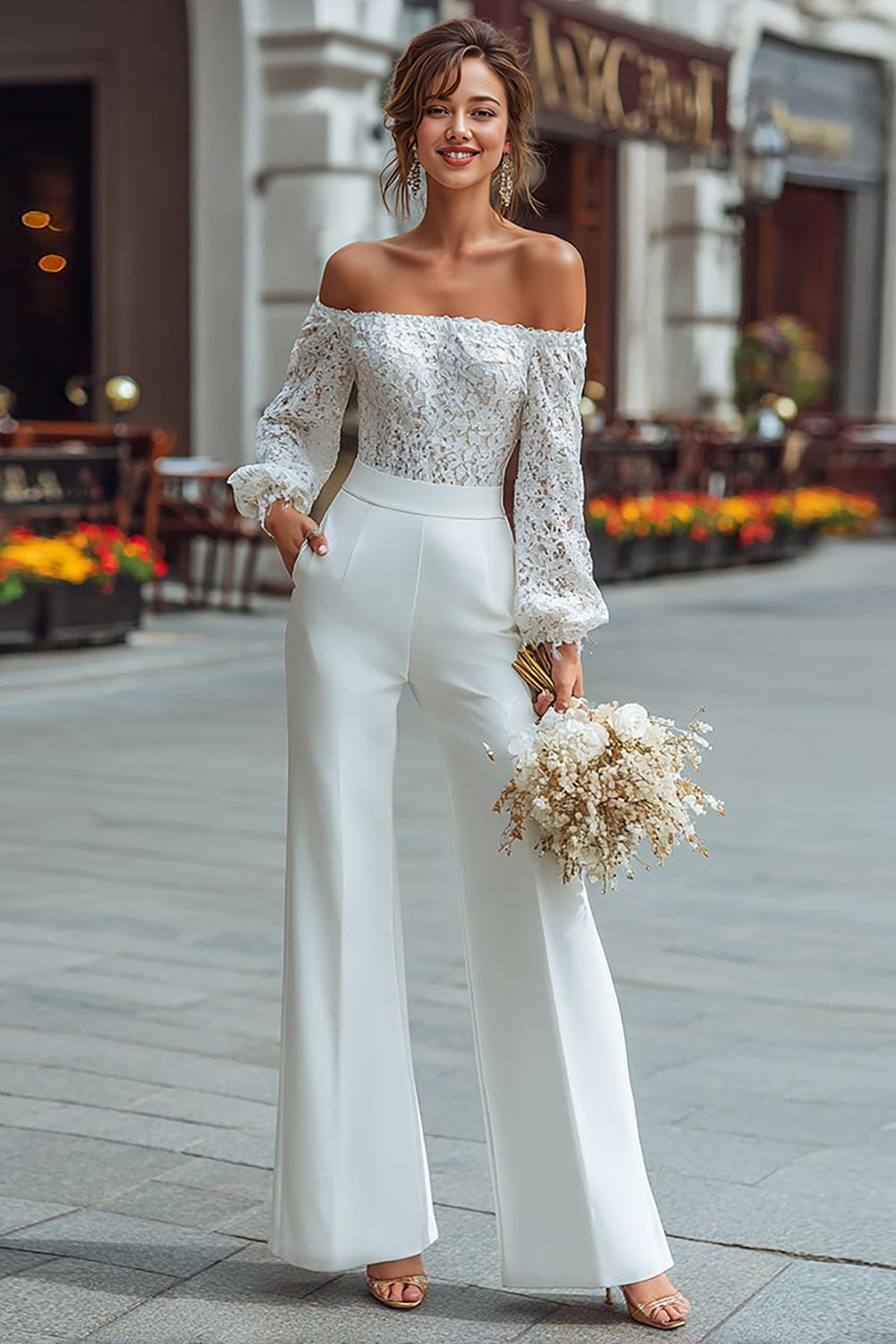 Leely Women White Long Sleeves Bridal Jumpsuits with Appliques Off the Shoulder Wide Leg Wedding Jumpsuits