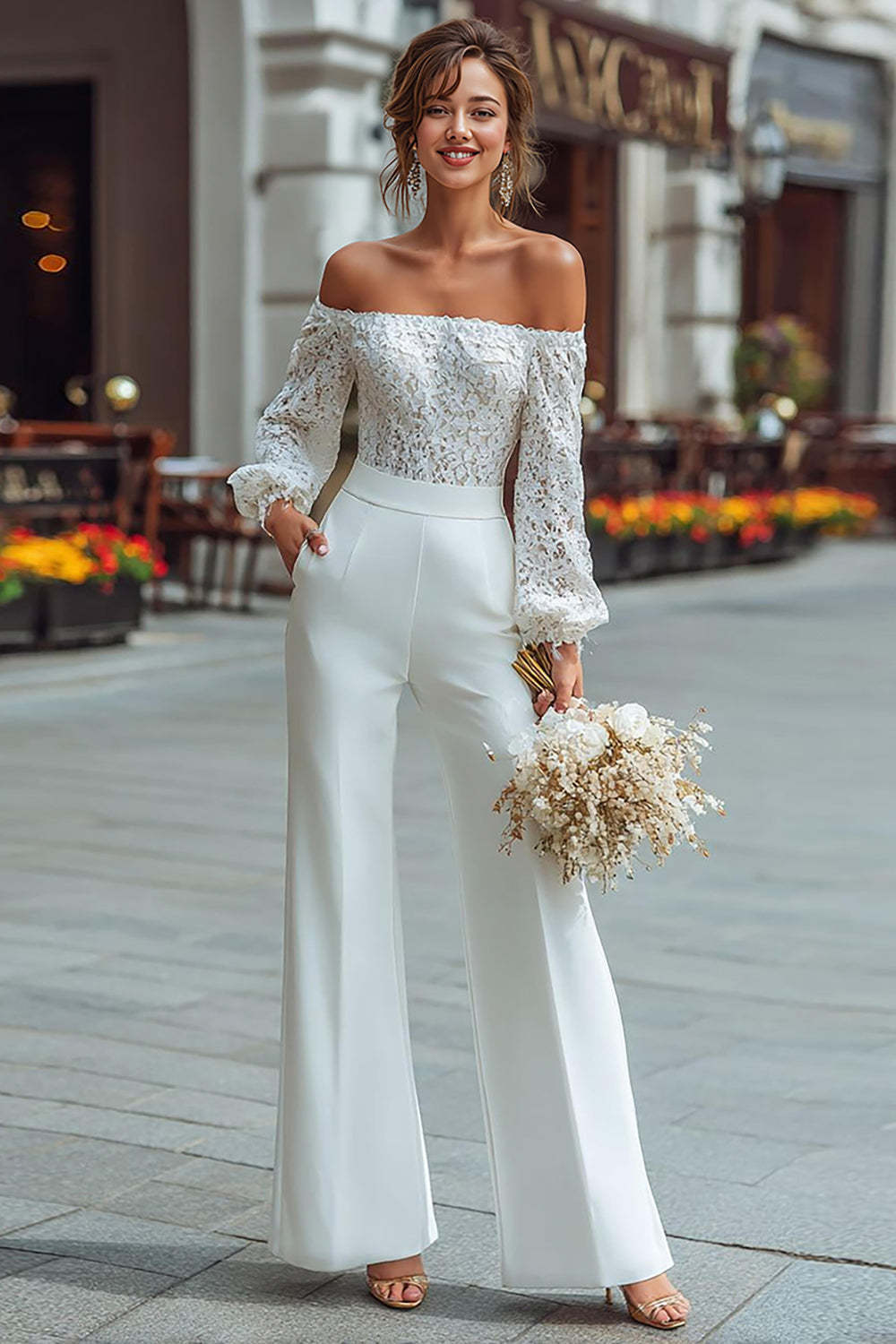 Leely Women White Long Sleeves Bridal Jumpsuits with Appliques Off the Shoulder Wide Leg Wedding Jumpsuits