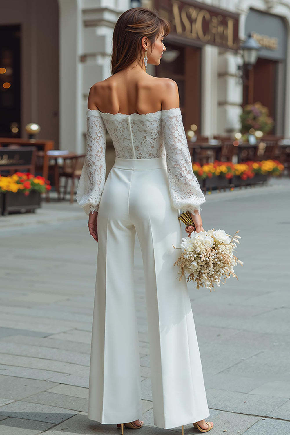 White Long Sleeves Wide Leg Bridal Jumpsuits with Appliques
