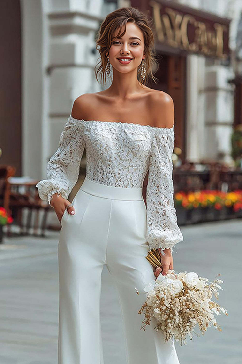 White Long Sleeves Wide Leg Bridal Jumpsuits with Appliques