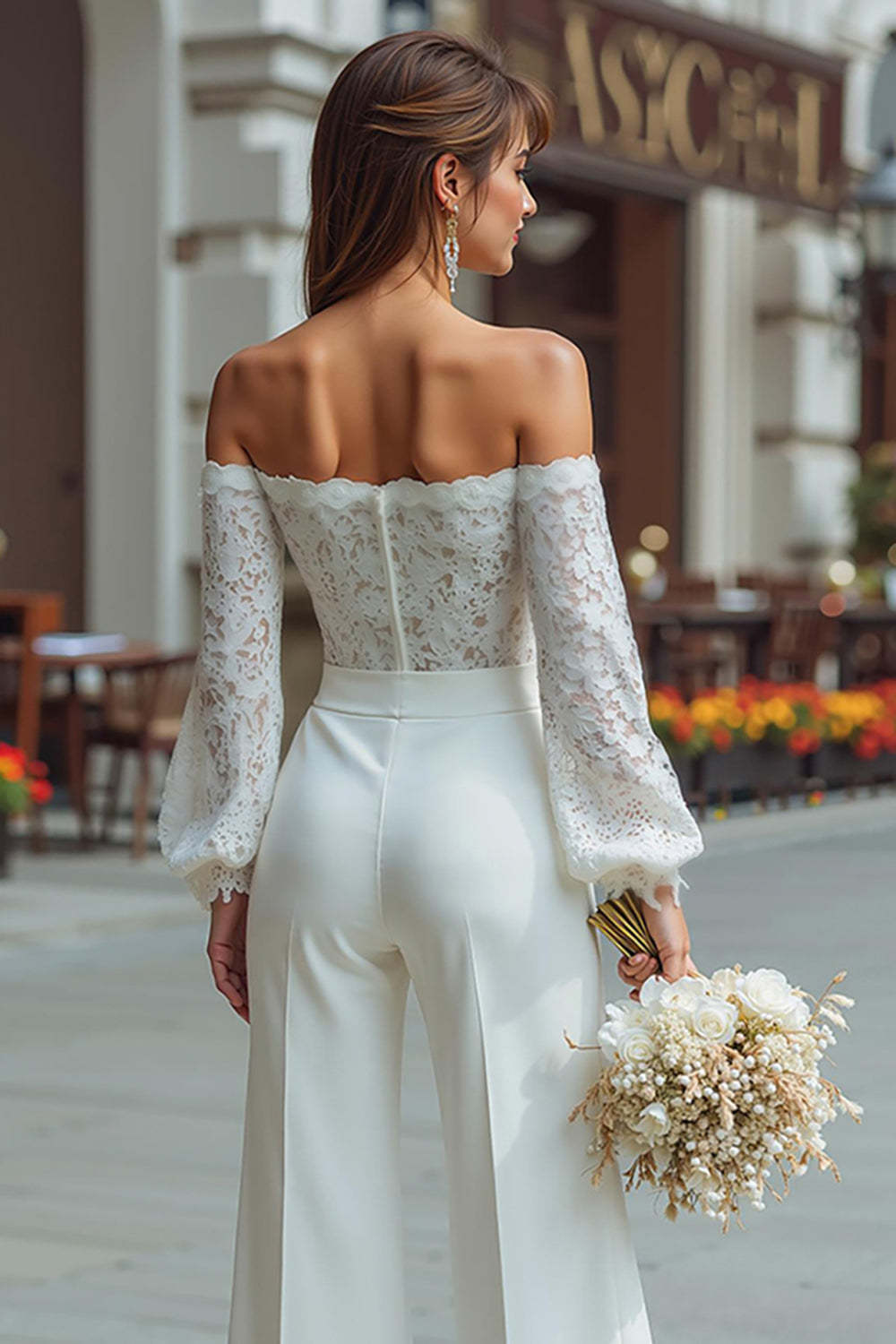 White Long Sleeves Wide Leg Bridal Jumpsuits with Appliques