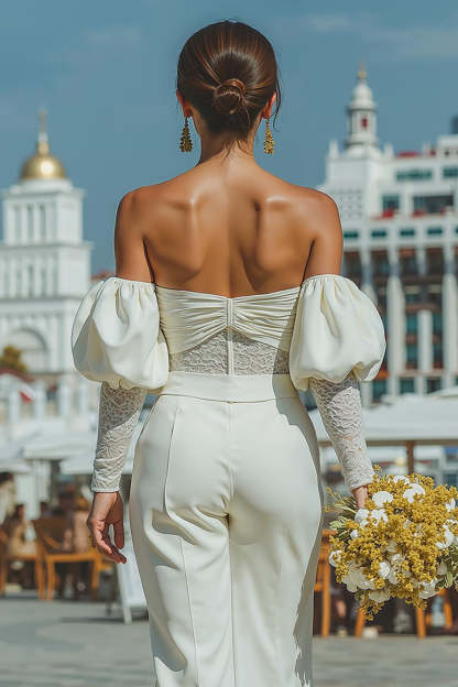 White Puff Sleeves Sweetheart Bridal Jumpsuits with Lace