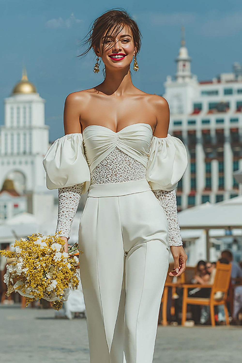 White Puff Sleeves Sweetheart Bridal Jumpsuits with Lace
