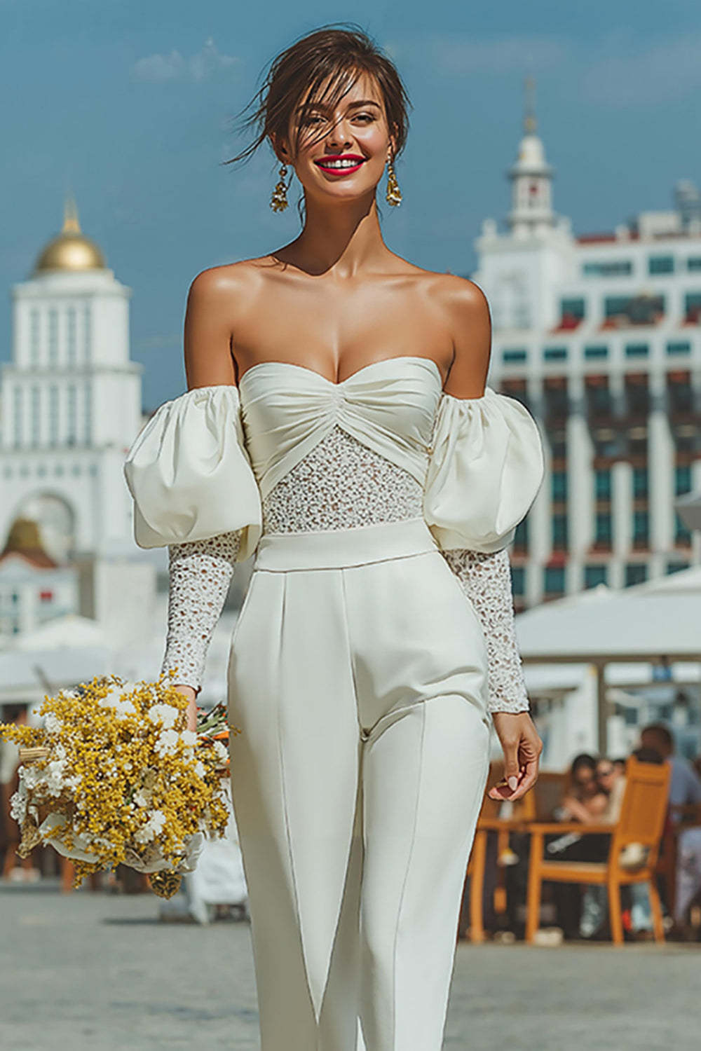 White Puff Sleeves Sweetheart Bridal Jumpsuits with Lace