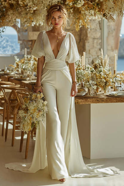 Leely Women Ivory Deep V-Neck Fitted Bridal Jumpsuits with Cape Short Sleeves Wedding Jumpsuits