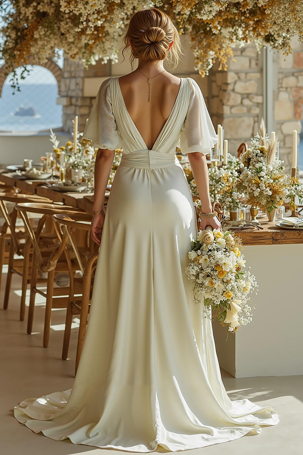 Ivory Short Sleeves Deep V-Neck Bridal Jumpsuits with Cape