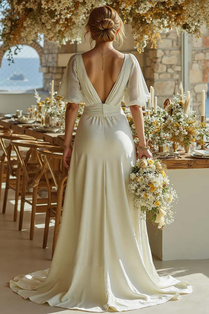 Ivory Short Sleeves Deep V-Neck Bridal Jumpsuits with Cape