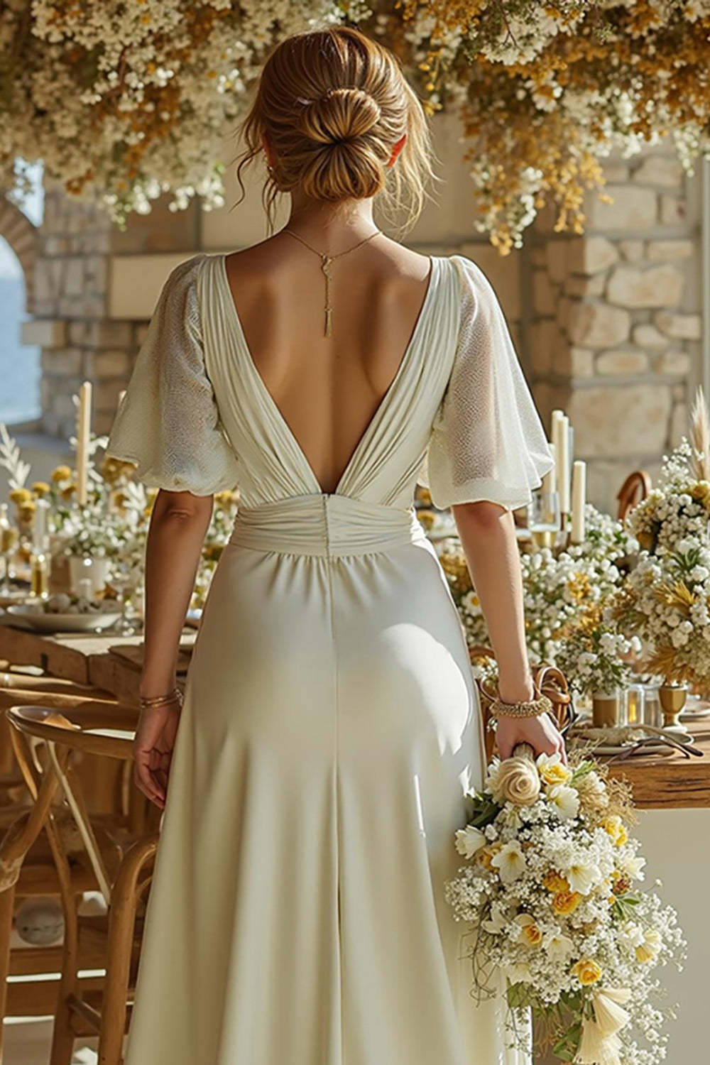 Ivory Short Sleeves Deep V-Neck Bridal Jumpsuits with Cape