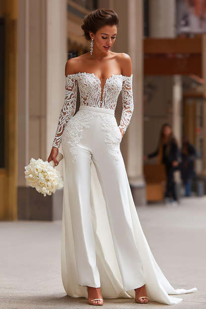 Leely Women White Appliqued Bridal Jumpsuits with Cape Off the Shoulder Long Sleeves Wedding Jumpsuits with Pockets