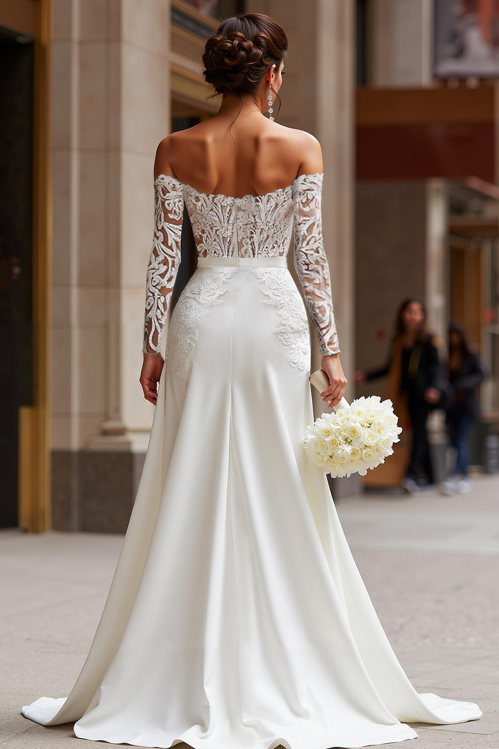 White Appliqued Long Sleeves Bridal Jumpsuits with Cape