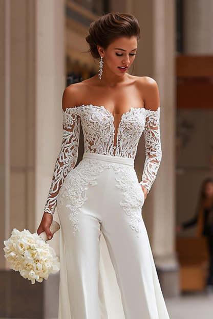 White Appliqued Long Sleeves Bridal Jumpsuits with Cape