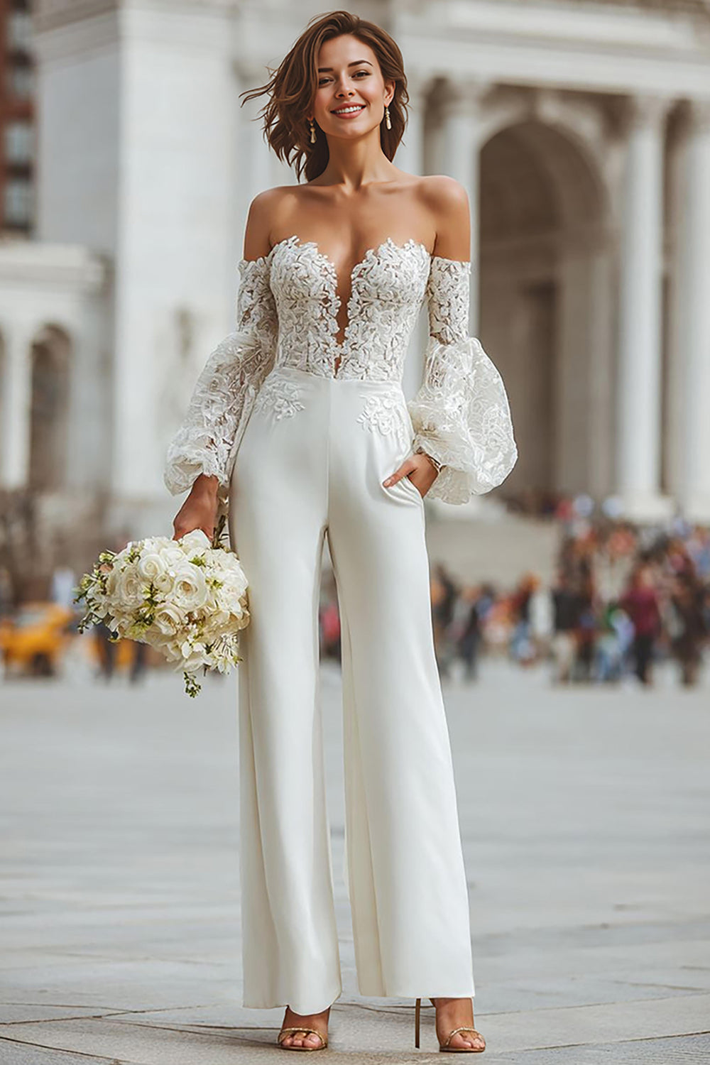 White Long Sleeves Appliqued Bridal Jumpsuits with Pockets
