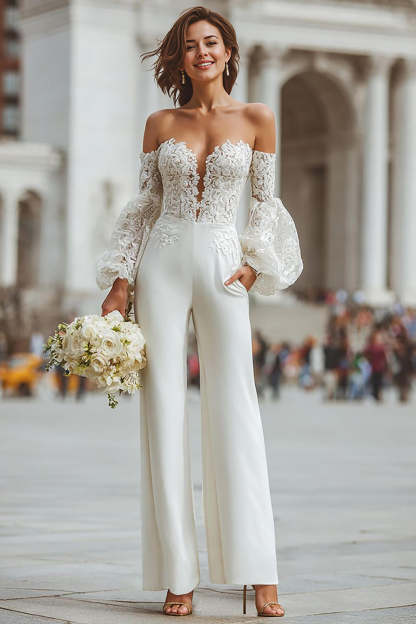 Leely Women White Long Sleeves Bridal Jumpsuits with Pockets Sweetheart Wedding Jumpsuits
