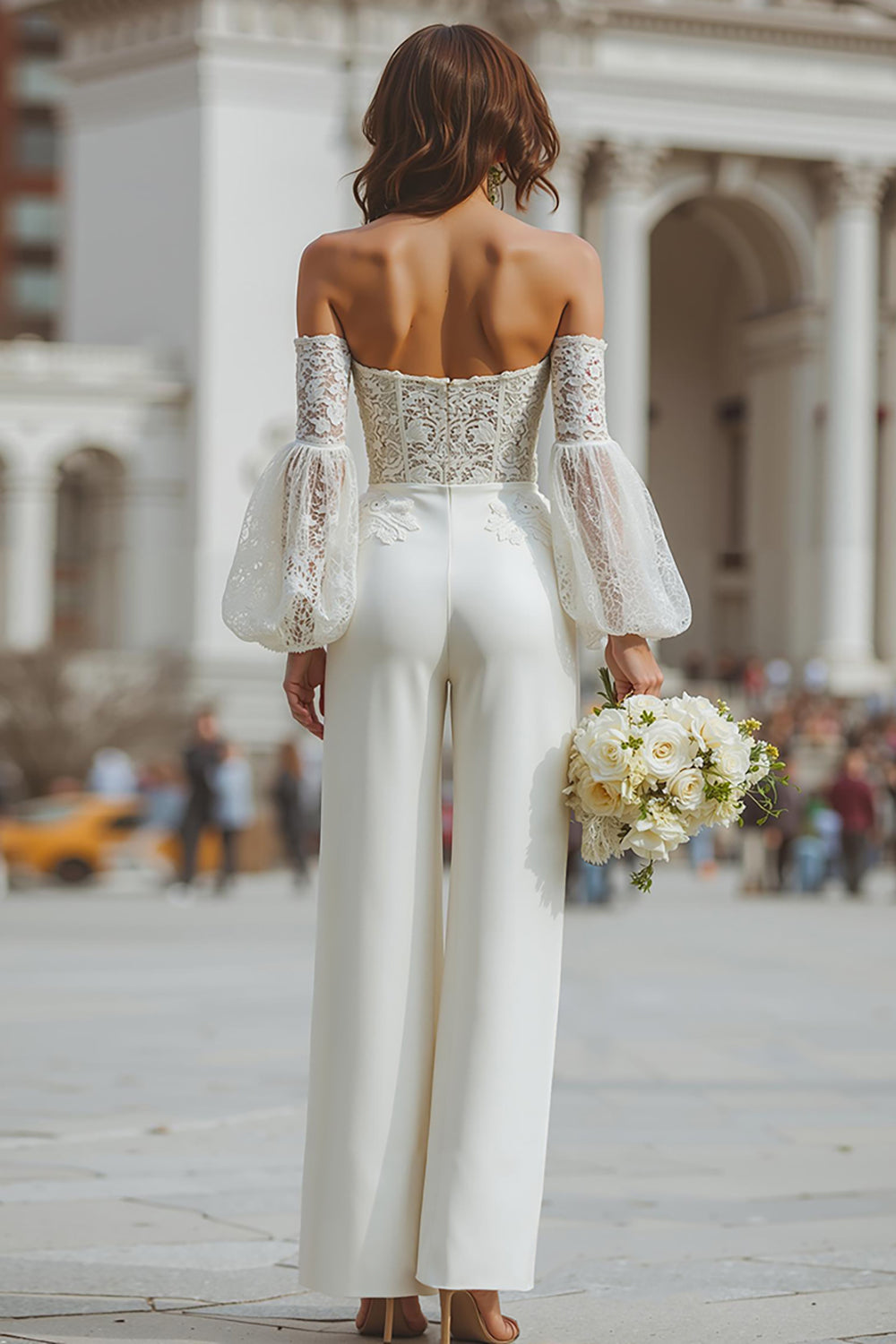 White Long Sleeves Appliqued Bridal Jumpsuits with Pockets