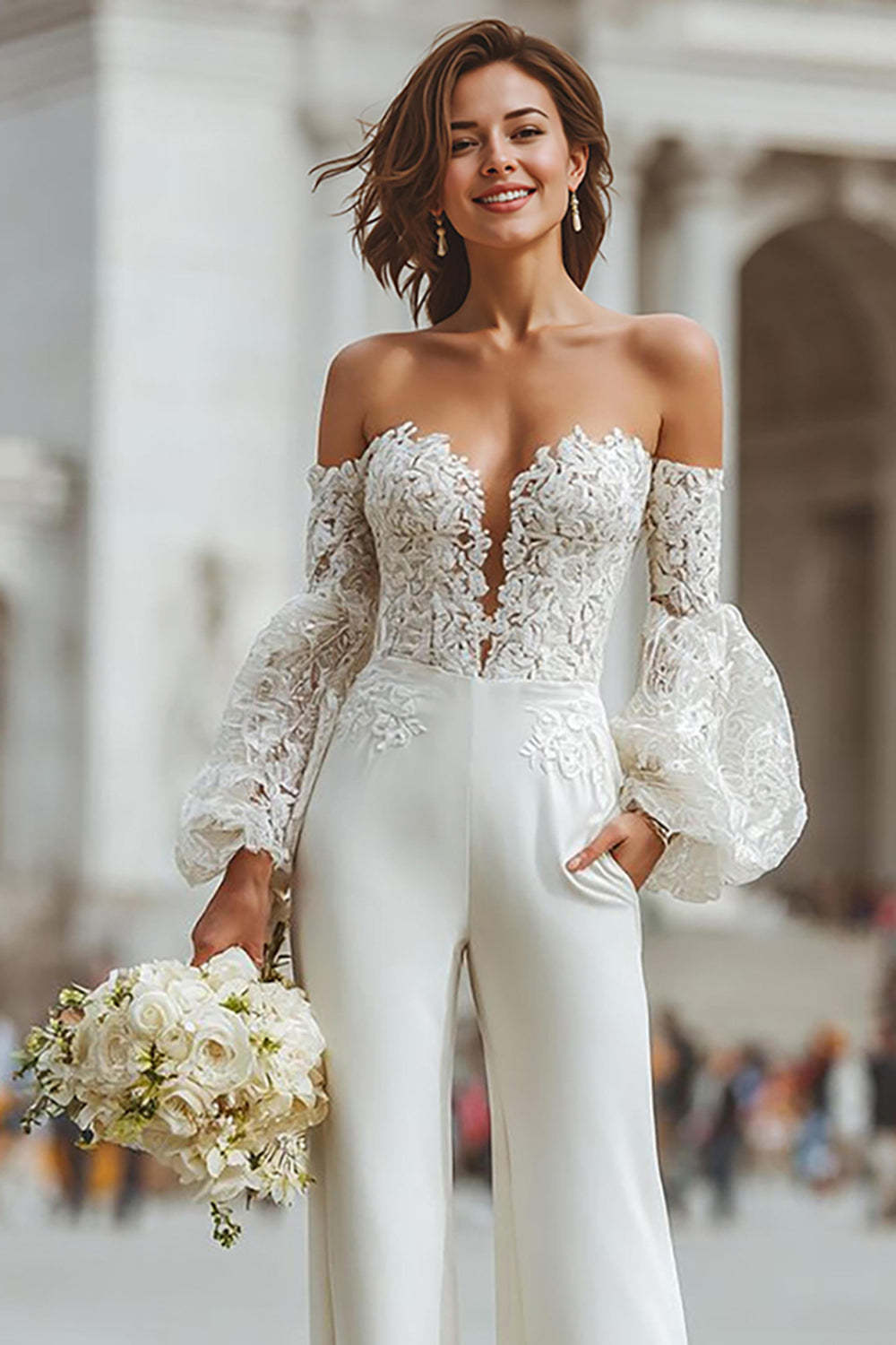 White Long Sleeves Appliqued Bridal Jumpsuits with Pockets