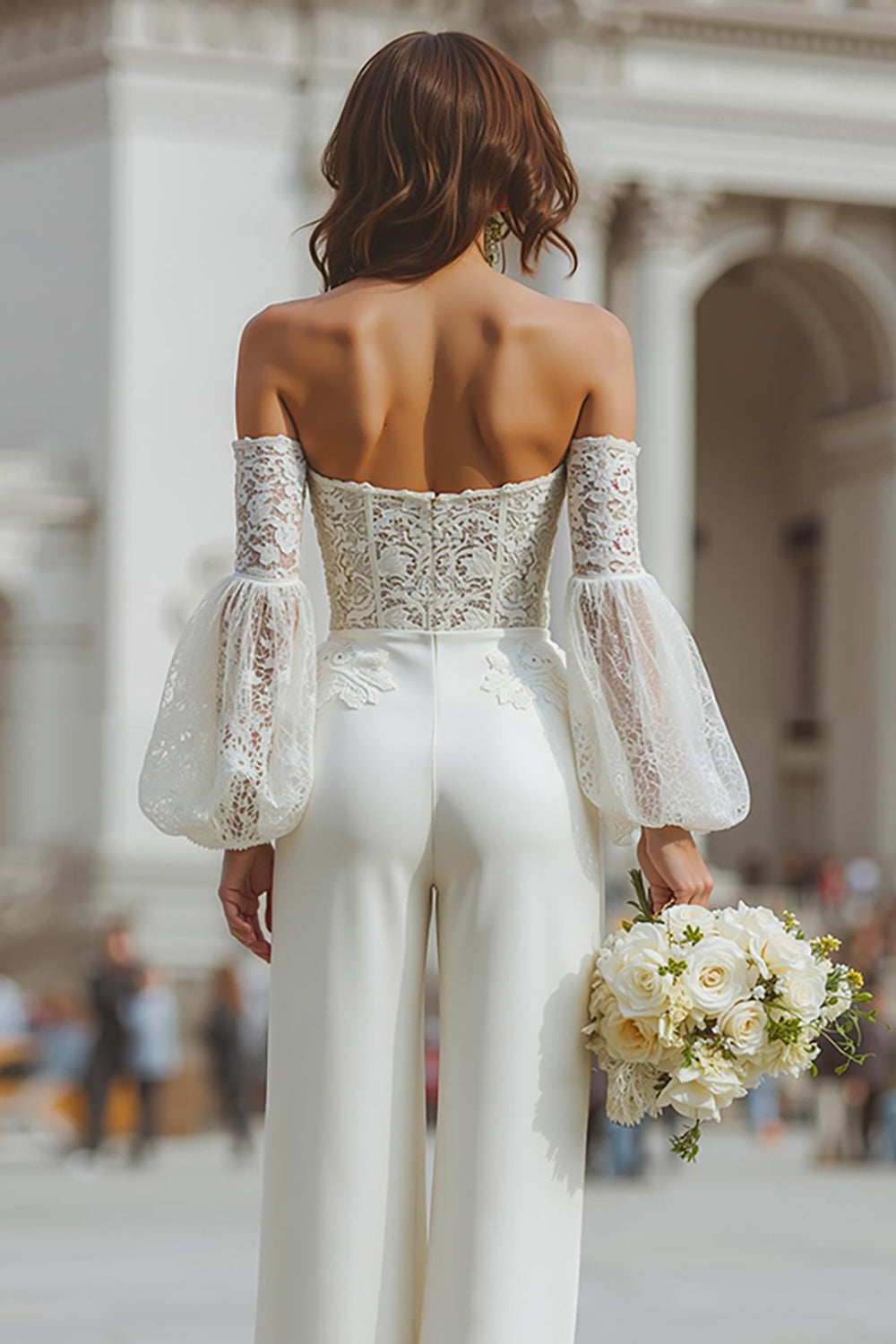 White Long Sleeves Appliqued Bridal Jumpsuits with Pockets