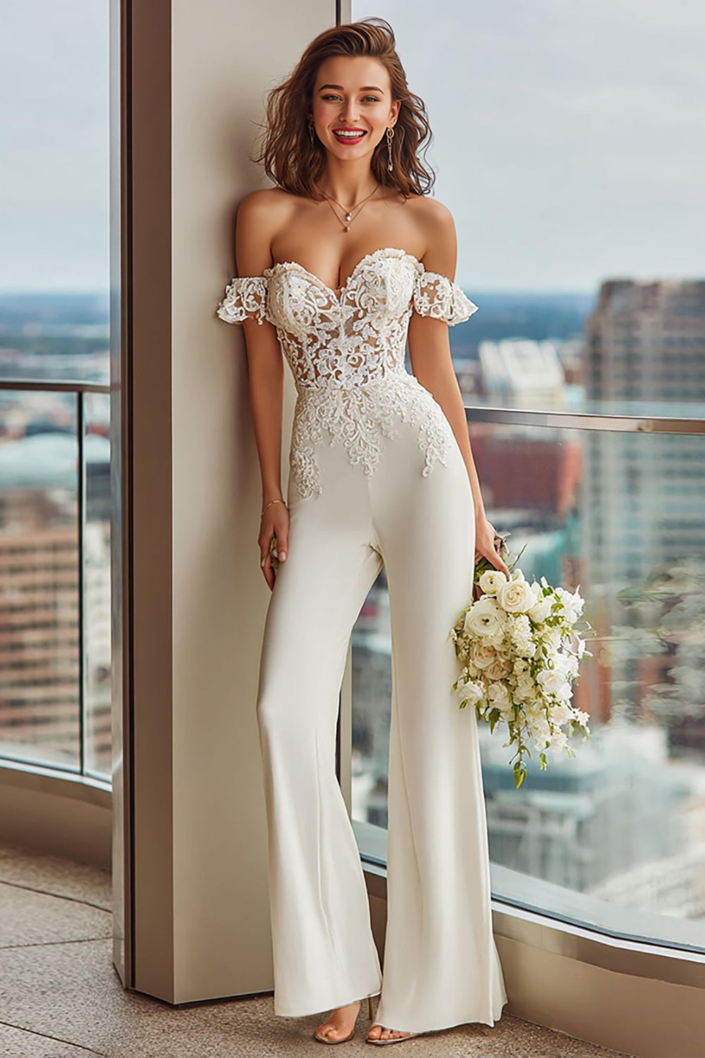 White Off the Shoulder Lace Bridal Jumpsuits