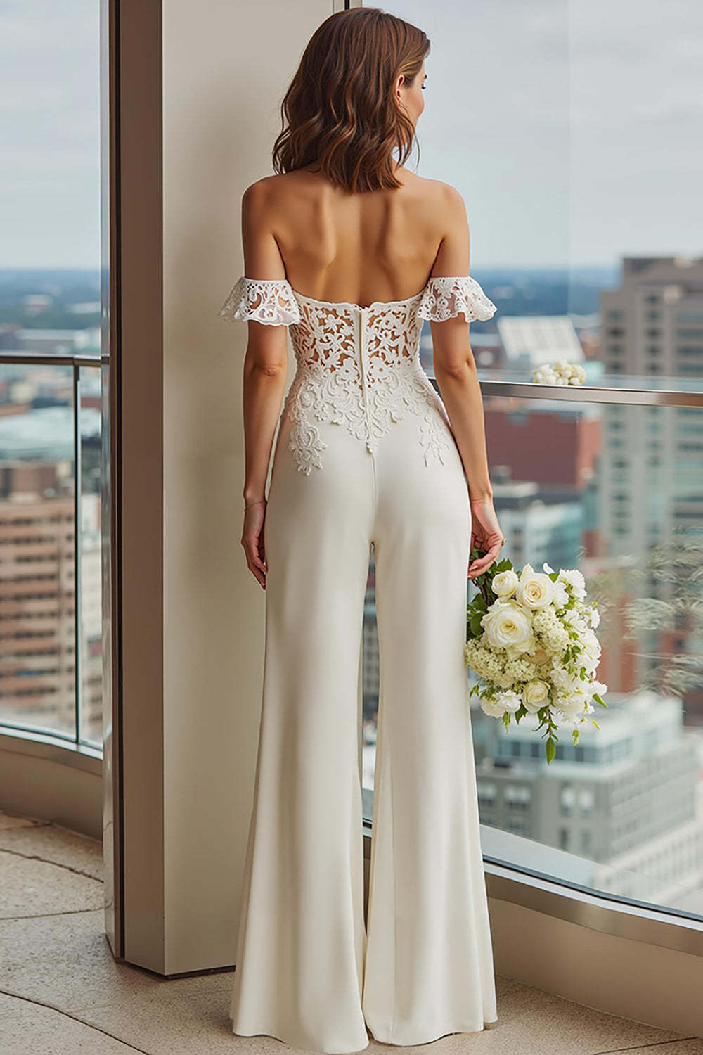 White Off the Shoulder Lace Bridal Jumpsuits