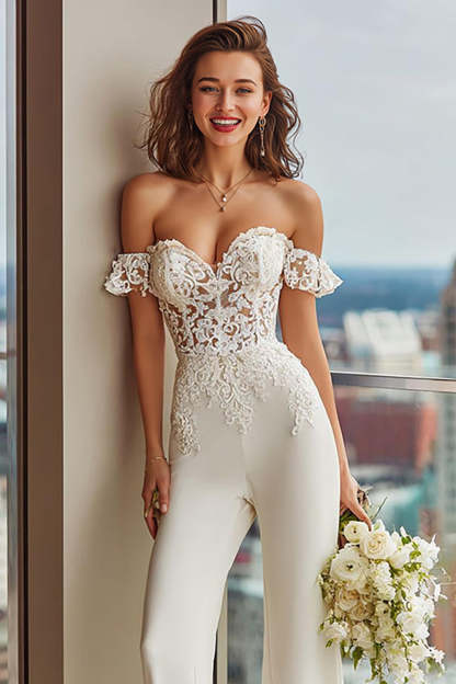 White Off the Shoulder Lace Bridal Jumpsuits