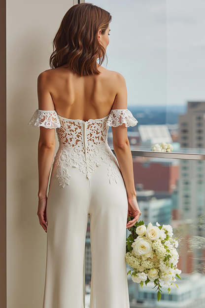 White Off the Shoulder Lace Bridal Jumpsuits