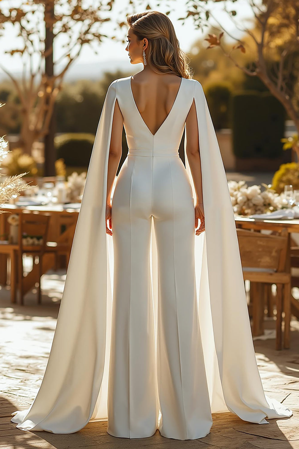 Ivory Fitted Deep V-Neck Bridal Jumpsuits with Cape